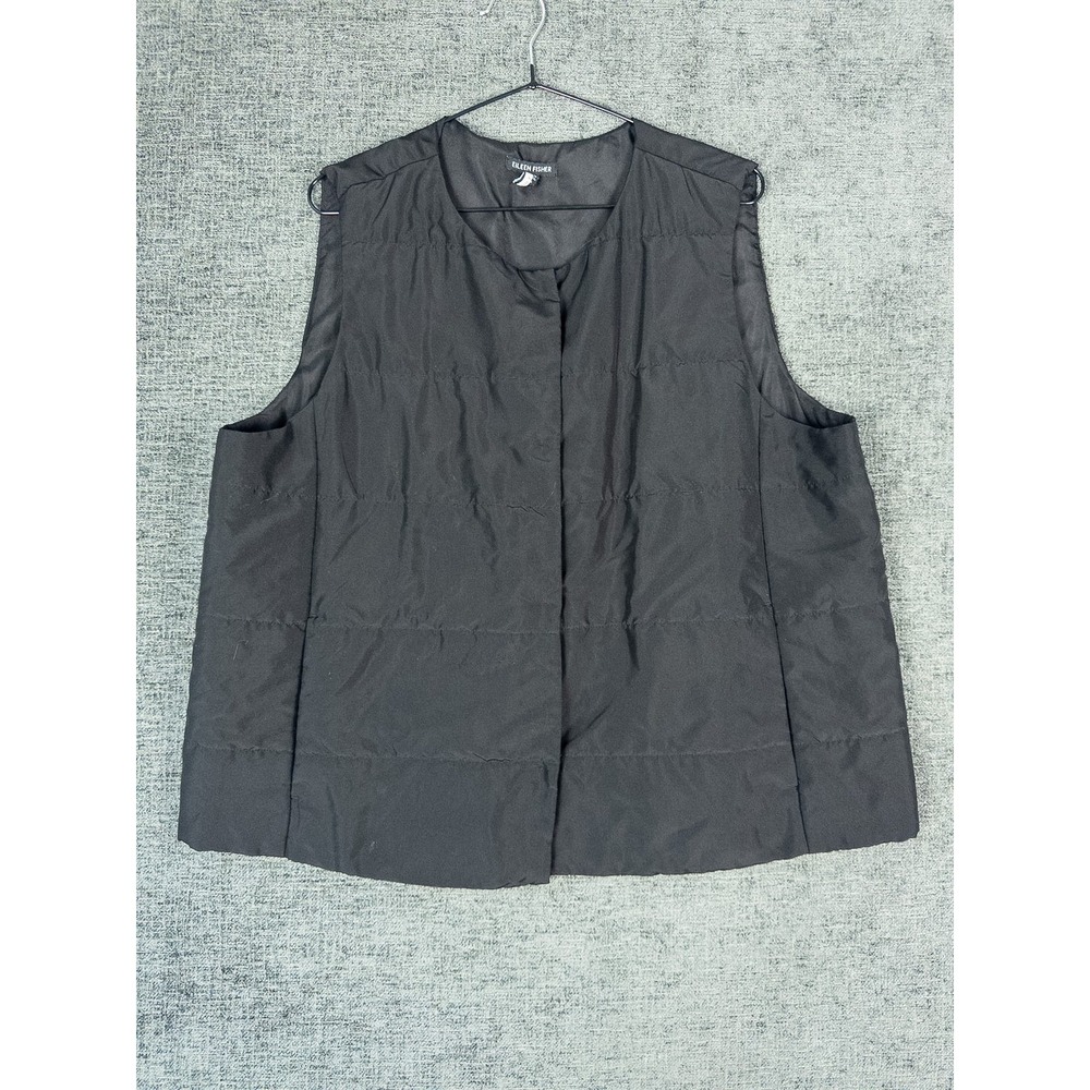 Eileen Fisher Silk Quilted Puffer Vest Womens Sz L Black Minimalist Quiet Luxury